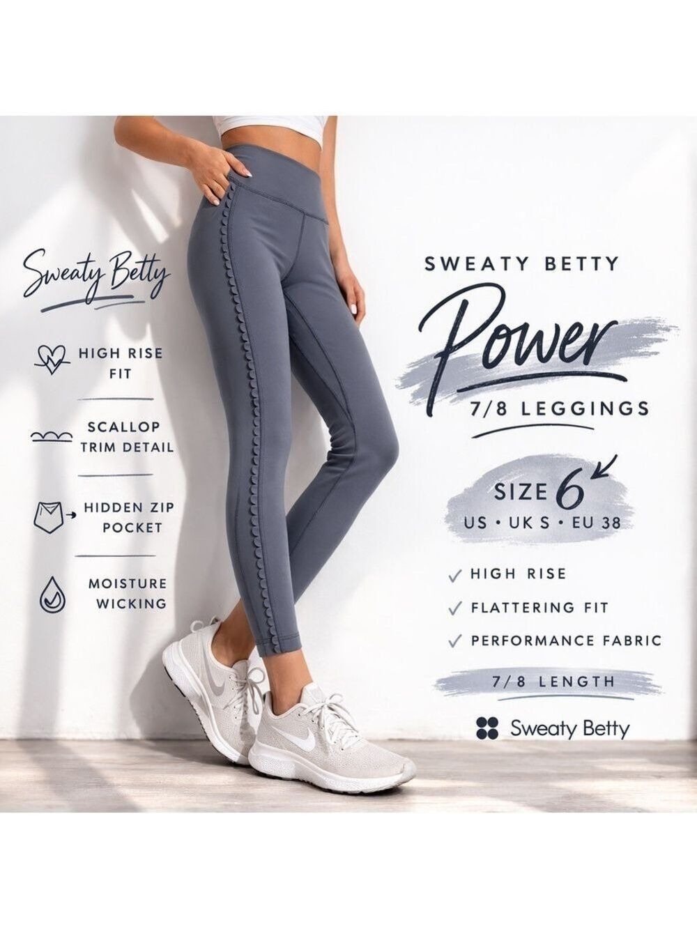 Sweaty Betty Power 7/8 Leggings Gray Scallop Trim High Rise Size S US 6